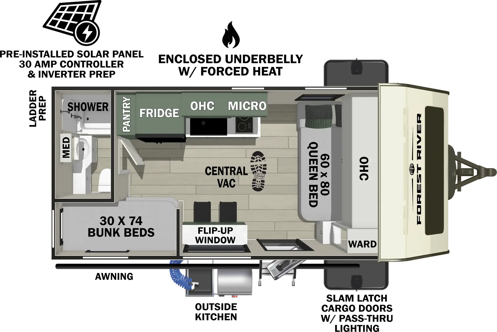 The No Boundaries NB18.7 floorplan has one entry and zero slide outs. Exterior features include: fiberglass exterior and outside kitchen. Interiors features include: bunk beds and front bedroom.